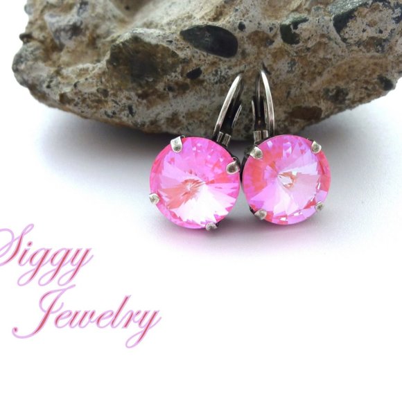 Ultra Pink AB Rivoli Drop Lever-Back Earrings 12mm - Picture 4 of 6